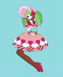 Rule 34 | 1girl, blue background, bonnet, brown pantyhose, colored eyelashes, dress, expressionless, falulu, finger to mouth, full body, green hair, grey eyes, heart, heart print, high heels, holding, holding stuffed toy, invisible chair, lolita fashion, long hair, looking at viewer, nyaasechan, pantyhose, pink dress, pretty series, pripara, red footwear, shoes, sidelocks, simple background, sitting, solo, stuffed toy, twintails, unicorn (pripara), wrist cuffs
