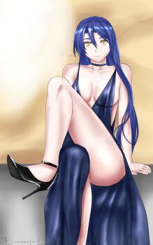 absurdres ass bare_shoulders blue_dress blue_hair breasts cleavage cocktail_dress commentary dress eiyuu_densetsu english_commentary hair_between_eyes highres laura_s._arseid legs light_smile long_hair long_sidelocks long_single_sidelock looking_at_viewer ponytail sen_no_kiseki sen_no_kiseki_(series) sen_no_kiseki_i sen_no_kiseki_iii sidelocks simple_background thighs vanillahare yellow_eyes