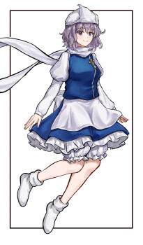 1girl apron blue_shirt blue_skirt commentary full_body headscarf highres layered_skirt letty_whiterock pantaloons puffy_sleeves purple_eyes purple_hair scarf shirt short_hair simple_background skirt smile solo tentaizukan touhou white_apron white_background white_headscarf white_scarf