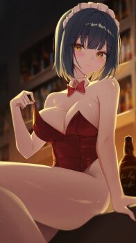 1girl absurdres backlighting bare_arms bare_legs bare_shoulders black_hair blurry blurry_background bow bowtie breasts cleavage detached_collar gangzi_(vtuber) headdress highleg highleg_leotard highres large_breasts leotard looking_at_viewer nontraditional_playboy_bunny red_leotard short_hair solo stellive strapless strapless_leotard thighs virtual_youtuber yellow_eyes yt9676