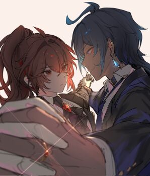2boys blue_eyes blue_hair closed_mouth dancing dark-skinned_male dark_skin diluc_(genshin_impact) ear_piercing earrings from_side genshin_impact girly_boy glint hair_between_eyes high_ponytail highres holding_hands inseki jewelry kaeya_(genshin_impact) long_hair male_focus multiple_boys piercing ponytail red_eyes red_hair smile step-siblings upper_body yaoi zehuij