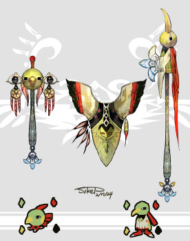 absurdres bird commentary_request dated dreamcatcher eye_print feathered_wings feathers gen_2_pokemon grey_background highres multiple_weapons nintendo no_humans pokemon pokemon_(creature) pokemon_focus polearm shield spear sukepmonster translation_request weapon weapon_focus weapon_request wings xatu