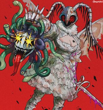 1girl @_@ antennae blood breasts cleavage cowboy_shot decapitation dress frilled_dress frills glowing glowing_eyes holding holding_sword holding_weapon magical_girl medusa_(mythology) moth_antennae nass9696 original purple_blood rapier sharp_teeth snake_hair star_(symbol) star_tattoo sword tattoo teeth tongue tongue_out weapon wings