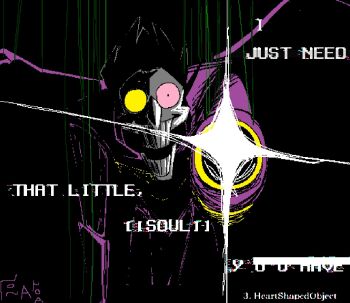 1boy aiming aiming_at_viewer arm_cannon black_hair deltarune english_text heterochromatic_eyewear male_focus nonamenoraim pointy_nose puppet_strings scene_reference smile solo spamton_g._spamton teeth tinted_eyewear utdr_(toby_fox) weapon