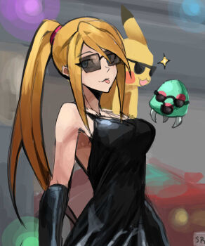 1girl :3 bare_shoulders black_gloves blonde_hair blue_eyes breasts closed_mouth dress elbow_gloves gen_1_pokemon glasses gloves hair_between_eyes hair_tie high_ponytail highres large_breasts long_hair looking_at_viewer metroid metroid_(creature) metroid_larva nintendo on_shoulder pikachu pokemon pokemon_(creature) pokemon_on_shoulder ponytail rectangular_eyewear saiykik samus_aran sidelocks sleeveless sleeveless_dress smile sparkle sunglasses tongue tongue_out upper_body