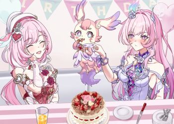 2girls balloon bare_shoulders beret birthday_cake blue_eyes breasts cake commentary_request company_connection cup cyrene_(honkai:_star_rail) decorations diamond-shaped_pupils diamond_(shape) dress elf elysia_(honkai_impact) flower food food_in_mouth fork hair_flower hair_ornament hat heart_balloon holding holding_cup honkai:_star_rail honkai_(series) honkai_impact_3rd inoue_marina large_breasts long_hair mem_(honkai:_star_rail) multicolored_hair multiple_girls pink_hair plate pointy_ears purple_eyes red_dress smile symbol-shaped_pupils tayu89a two-tone_hair very_long_hair voice_actor_connection white_dress white_hair yanning