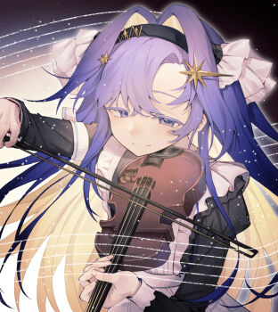 1girl apron black_background black_dress black_hairband blonde_hair blue_eyes blue_hair bow_(music) colored_inner_hair dress frilled_apron frills gradient_background hair_intakes hair_ornament hairband half-closed_eyes hands_up highres holding holding_bow_(music) holding_instrument holding_violin instrument juliet_sleeves light_particles long_hair long_sleeves looking_at_viewer mingzhaichuan multicolored_hair music playing_instrument puffy_sleeves reverse:1999 school_uniform smile solo soviet_school_uniform musical_staff star_(symbol) star_hair_ornament upper_body violin voyager_(reverse:1999) white_apron white_background