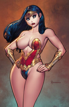 1girl artist_logo artist_name bare_shoulders black_hair blue_eyes blue_leotard bracer breasts circlet cleavage collarbone cowboy_shot dc_comics gold_bracer gold_trim gradient_background groin hand_on_own_hip hands_on_own_hips highleg highleg_leotard highres large_breasts leotard linea_alba logo long_hair looking_ahead looking_at_viewer nail_polish plunging_neckline red_leotard red_lips red_nails revealing_clothes ryan_kinnaird solo standing star_(symbol) superhero_costume tiara wonder_woman wonder_woman_(series)