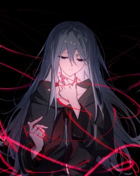 1girl absurdres black_background black_jacket blue_eyes grey_hair hair_between_eyes hand_on_own_neck hibioes highres hoshino_ichika_(project_sekai) jacket long_hair long_sleeves parted_lips project_sekai solo string string_of_fate upper_body