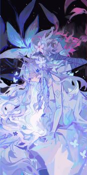 Rule 34 | 2girls, arm wrap, back-to-back, braid, chis74, closed eyes, cookie run, cookie run: kingdom, crown, elbow gloves, flower, gloves, hair flower, hair ornament, hands up, highres, long hair, looking up, multiple girls, pink eyes, sitting, very long hair, white flower, white gloves, white hair, white lily, white lily cookie, white lily cookie (moonflower faerie), wide-eyed