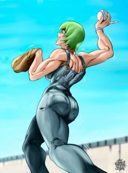1girl ass baseball baseball_glove blue_eyes bodysuit female_focus foo_fighters_(jojo) green_hair highres huge_ass jojo_no_kimyou_na_bouken looking_at_another muscular muscular_arms muscular_female redrawn short_hair smile solo stone_ocean suspenders the_golden_smurf