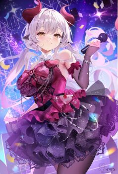 1girl animal_ear_fluff animal_ears breasts closed_mouth commentary commission confetti detached_sleeves dress earrings english_commentary eyelashes frilled_dress frills grey_hair heart highres holding holding_microphone horns isari_sensei jewelry long_hair microphone original pink_dress red_horns solo twitter_username yellow_eyes