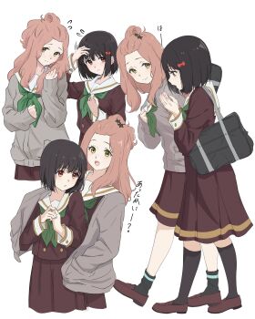 2girls absurdres backpack bag black_hair blush bow brown_shirt brown_shoes casyu_nut eye_contact green_neckerchief grey_bag hair_ornament hibike!_euphonium highres hisaishi_kanade kenzaki_ririka kitauji_high_school_uniform long_hair looking_at_another looking_at_viewer multiple_girls neckerchief pink_hair red_bow red_eyes sailor_collar school_uniform serafuku shirt shoes short_hair smile star_(symbol) star_hair_ornament translation_request white_sailor_collar yellow_eyes yuri