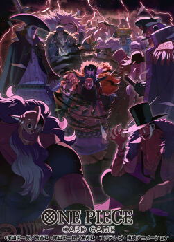 1girl 6+boys aokiji_(one_piece) avalo_pizarro beard black_hair catarina_devon cigar cloud commentary_request copyright_name doc_q earrings electricity epaulettes facial_hair gloves gun hat helmet holding holding_gun holding_weapon hoop_earrings jesus_burgess jewelry lafitte_(one_piece) long_beard long_nose looking_at_viewer marshall_d._teach missing_tooth multiple_boys official_art one_piece one_piece_card_game otton pirate_hat sanjuan_wolf shirt shiryuu_(one_piece) smile stronger_(one_piece) t-shirt tongue tongue_out van_augur vasco_shot weapon