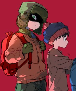 Rule 34 | 2boys, animification, arms up, backpack, bag, beanie, black hair, blue bag, brown shirt, closed mouth, collared shirt, commentary, gloves, green eyes, green gloves, green hat, green pants, hashtag-only commentary, hat, jacket, k3vccitq, kyle broflovski, long sleeves, looking ahead, looking at viewer, male focus, multiple boys, orange jacket, pants, partially shaded face, pom pom (clothes), profile, red background, red bag, sanpaku, shirt, short hair, simple background, south park, stan marsh, ushanka
