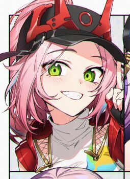 1girl baseball_cap black_hat chromatic_aberration commentary_request dl_(dl_6ix) fingerless_gloves gloves green_eyes grin hand_up hat heavy_chromatic_aberration honkai:_star_rail honkai_(series) horned_hat index_finger_raised jacket korean_commentary long_hair looking_at_viewer multicolored_hair pink_hair ponytail portrait rappa_(honkai:_star_rail) red_jacket shirt smile solo streaked_hair white_shirt