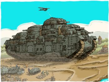 aircraft airplane blue_sky cannon caterpillar_tracks dust_cloud hill hut landship military_vehicle motor_vehicle mud original people sky tank tank_turret too_many_weapons yabarn