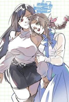 Rule 34 | 2girls, aerith gainsborough, alternate costume, bare shoulders, belt, belt buckle, black belt, black hair, black skirt, blue ribbon, blue skirt, boots, braid, braided ponytail, breasts, brown hair, buckle, closed mouth, commentary request, cowboy shot, detached sleeves, final fantasy, final fantasy vii, green eyes, grid background, hair ribbon, halterneck, holding another's arm, holding hands, interlocked fingers, large breasts, long skirt, long sleeves, looking at another, mckrs, medium breasts, miniskirt, multiple girls, neck ribbon, one eye closed, open mouth, parted bangs, pink ribbon, puffy long sleeves, puffy sleeves, red eyes, ribbon, shirt, sidelocks, single braid, skirt, smile, teeth, thigh boots, tifa lockhart, twitter username, upper teeth only, white shirt, yuri