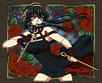 1990s_(style) 1girl artist_name bare_shoulders black_dress black_gloves black_hair border breasts brown_border cleavage closed_mouth commentary cosplay covered_navel cropped_legs cursive dagger dress dual_wielding falling_petals fingerless_gloves floral_background flower gloves gold_hairband hairband highres holding holding_weapon knife long_hair medium_breasts mroczniak_(gloomy_chuu) outside_border petals red_eyes red_flower red_lips red_petals red_rose retro_artstyle rose short_dress sidelocks solo sparkle_background spy_x_family stiletto_(weapon) weapon yor_briar yor_briar_(cosplay)