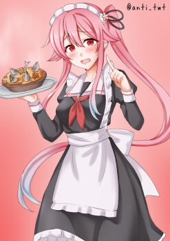 1girl adapted_costume anti_(untea9) apron black_dress dress food gradient_background gradient_hair hair_flaps harusame_(kancolle) harusame_(maid)_(kancolle) highres kantai_collection long_hair maid maid_headdress multicolored_hair neckerchief pie pink_background pink_hair red_eyes red_neckerchief sailor_collar side_ponytail solo stargazy_pie twitter_username very_long_hair white_apron white_sailor_collar
