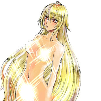Rule 34 | 1girl, blonde hair, blush, breasts, censored, censored nipples, collarbone, commentary request, completely nude, convenient censoring, groin, gyaru, hair between eyes, highres, large breasts, light censor, light rays, long hair, looking at viewer, macica, navel, nude, red eyes, shikishima mirei, solo, valkyrie drive, valkyrie drive -mermaid-, very long hair