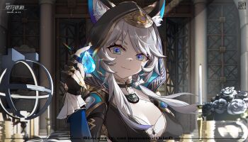 1girl absurdres animal_ear_fluff animal_ears animal_hood black_gloves blue_eyes breasts cat_ears cat_girl cat_hood cipher_(honkai:_star_rail) cleavage commentary_request fang fingerless_gloves flower gem gloves grey_hair highres holding holding_gem honkai:_star_rail honkai_(series) hood large_breasts mole mole_on_breast short_hair_with_long_locks skin_fang solo tongyu yellow_nails