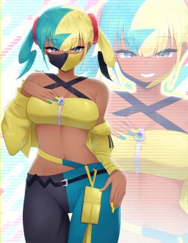 1girl bandeau bare_shoulders belt black_belt blue_eyes breasts canari_(pokemon) cleavage commentary doiparuni hand_up highres jacket looking_at_viewer mask mouth_mask multicolored_hair multicolored_nails multiple_views nail_polish navel nintendo off_shoulder pants pokemon pokemon_legends:_z-a twintails yellow_bandeau yellow_jacket zipper zipper_pull_tab