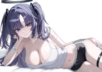 1girl absurdres alternate_costume black_halo black_shorts breasts camisole cleavage dolphin_shorts elbow_rest halo hand_on_own_cheek hand_on_own_face head_rest highres kkato large_breasts long_hair looking_at_viewer lying mechanical_halo navel on_side purple_eyes purple_hair short_shorts shorts smile solo strap_slip thigh_strap white_background white_camisole yuuka_(blue_archive)