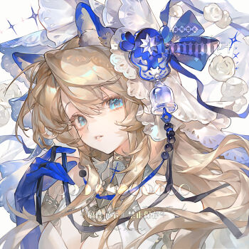 Rule 34 | 1girl, animal ear fluff, animal ears, bell, blue eyes, blue gloves, blue ribbon, breasts, brown eyes, cleavage, colored eyelashes, commission, eyelashes, flower, gloves, hair ornament, highres, long hair, looking at viewer, luhui, mihuashi commission, original, parted bangs, parted lips, ribbon, sidelocks, solo, square, star (symbol), upper body, veil, watermark, white flower