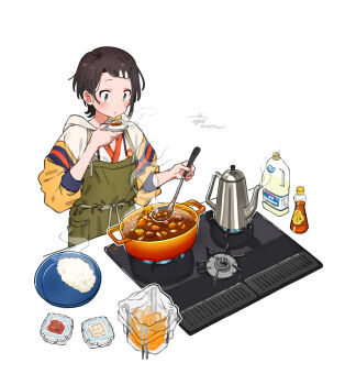 1girl apron blue_eyes blush brown_hair commentary cooking cooking_pot curry food hair_behind_ear highres holding holding_ladle hololive hood hoodie kettle kitchen ladle long_sleeves oozora_subaru open_mouth plate rice ripod short_hair signature simple_background sleeves_pushed_up solo steam stove swept_bangs tasting tasting_plate tupperware virtual_youtuber white_background