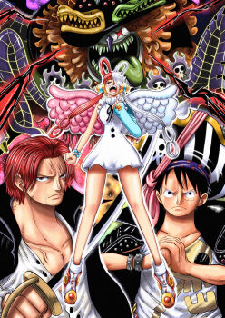 1girl 1other 2boys absurdres alternate_costume angel_wings arms_up artist_request aura bare_legs black_hair black_ribbon black_wings breasts buttons cowboy_shot creature creepy crying crying_with_eyes_open demon devil_fruit dress empty_eyes evil_grin evil_smile eyelashes facial_hair fangs father_and_daughter floating_hair frilled_dress frills full_body gradient_background grin hair_over_one_eye hair_rings hat headphones highres holding holding_sword holding_weapon lips long_hair long_sleeves looking_at_viewer manly monkey_d._luffy multicolored_hair multiple_boys music neck_ribbon oda_eiichirou_(style) official_alternate_costume official_style one_piece one_piece_film:_red pirate_hat puffy_long_sleeves puffy_sleeves purple_eyes red_hair ribbon serious shaded_face sharp_teeth sidelocks size_difference skull sleeves_past_wrists smile split-color_hair summoning sword teamwork tears teeth tongue tongue_out tot_musica_(one_piece) two-tone_hair uta_(one_piece) weapon white_dress white_hair wide_hips wings yandere