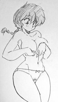 1girl bare_legs bow bow_panties braid braided_ponytail breasts greyscale hip_bones looking_down monochrome nude panties ranma-chan ranma_1/2 sunshinek thighs traditional_media underwear
