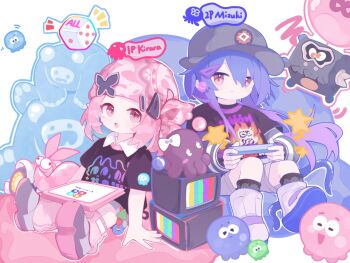 1boy 1girl alternate_costume arknights blue_eyes blue_hair chinese_commentary closed_mouth controller game_controller goldenglow_(arknights) holding holding_controller holding_game_controller hypergryph mizuki_(arknights) open_mouth pink_eyes pink_hair playing_games popucom sitting user_mynn4277