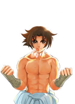 abs absurdres bandaid bandaid_on_cheek bandaid_on_face breath brown_eyes brown_hair clenched_hands closed_mouth commentary_request curtained_hair dougi flipped_hair highres japanese_clothes looking_at_viewer matsuena_shun muscular official_art shijou_saikyou_no_deshi_ken'ichi shirahama_ken'ichi short_hair simple_background smile sweat topless_male upper_body v-shaped_eyebrows white_dougi