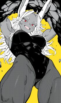 1girl absurdres alternate_costume animal_ears armpits arms_up bare_shoulders blush boku_no_hero_academia breasts commentary_request covered_abs covered_navel from_below gloves gluteal_fold greyscale_with_colored_background highleg highleg_leotard highres holding kani_ka_nanika large_breasts leotard long_eyelashes long_hair looking_at_viewer mirko parted_bangs rabbit_ears rabbit_girl red_eyes smile solo spot_color thick_thighs thighs toned toned_female very_long_hair yellow_background