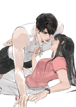 1boy 1girl absurdres arm_behind_back arm_support asymmetrical_bangs black_eyes black_hair black_shorts breasts caleb_(love_and_deepspace) collarbone exercising eye_contact from_side hand_on_floor hand_up hetero highres holding holding_jewelry holding_necklace jewelry leaning_back liubai_615 long_bangs looking_at_another love_and_deepspace medium_breasts necklace parted_lips pink_shirt protagonist_(love_and_deepspace) purple_eyes push-ups shirt short_sleeves shorts simple_background skirt sweat tank_top toned toned_male white_background white_skirt white_tank_top wristband