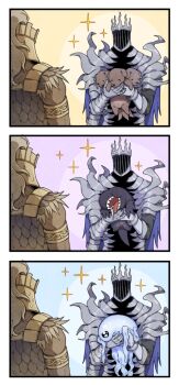 2boys adel_(elden_ring) animal armor blue_background blue_cape breastplate cape cerberus dog donar0217 elden_ring elden_ring_nightreign fake_horns fulghor_(elden_ring) gauntlets gladius_(elden_ring) helmet heolstor_the_nightlord highres holding holding_animal horned_helmet horns maris_(elden_ring) monster multiple_boys open_mouth pauldrons plume purple_background scale_armor shoulder_armor sparkle tail teeth upper_body yellow_background