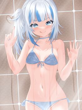 Rule 34 | 1girl, :q, against glass, bikini, blue bikini, blue choker, blue eyes, blue hair, blue nails, breasts, choker, collarbone, gawr gura, glass, glass writing, hands up, highres, hololive, hololive english, multicolored hair, navel, one side up, rain lambda, small breasts, solo, stomach, streaked hair, swimsuit, tile wall, tiles, tongue, tongue out, two-tone hair, v-shaped eyebrows, virtual youtuber, white hair