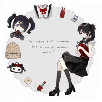 Rule 34 | 1girl, ame-chan (needy girl overdose), backpack, bag, black hair, character doll, diagonal bangs, doll, french text, hair ornament, hair over one eye, high heels, highres, if happiness is a circle (meme), knees together feet apart, looking at viewer, meme, neck ribbon, needy girl overdose, razor blade, red shirt, ribbon, shirt, short twintails, sidelocks, skirt, solo, suki 72, suspender skirt, suspenders, translation request, twintails, winged sleeves, x hair ornament