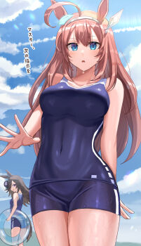 2girls absurdres ahoge animal_ears bare_shoulders blue_eyes blue_flower blue_hat blue_one-piece_swimsuit blue_rose blue_sky blush breasts brown_hair cloud collarbone commentary_request competition_school_swimsuit covered_navel flipped_hair flower grey_hairband hair_between_eyes hair_over_one_eye hairband hat hat_flower highres holding holding_swim_ring horse_ears horse_girl horse_tail innertube large_breasts long_hair looking_at_viewer mihono_bourbon_(umamusume) multiple_girls one-piece_swimsuit ooeyama parted_lips purple_eyes rice_shower_(umamusume) rose school_swimsuit silver_hairband sky small_breasts solo_focus swim_ring swimsuit tail tracen_swimsuit translation_request umamusume water wet wet_clothes wet_swimsuit