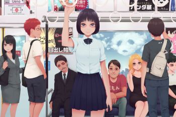 4boys 4girls bag bags_under_eyes black_suit blazer blonde_hair blouse bow bowtie brown_hair cloud collared_shirt commentary day denim denim_shorts dress facial_hair formal_clothes hair_bun hand_in_pocket hand_up jacket jeans long_hair medium_dress multiple_boys multiple_girls mustache necktie original panda pants poster_(object) red_hair red_shirt satchel school_uniform shirt short_hair shorts shoulder_bag single_hair_bun ski_mask skirt sky sleeping striped_bow striped_bowtie striped_clothes suit t-shirt tokyo_(city) train_interior white_shirt yajirushi_(chanoma)