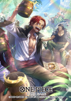 5boys beard benn_beckman commentary_request copyright_name cup dracule_mihawk facial_hair food hair_slicked_back hat_feather holding holding_cup holding_food lucky_roux male_focus meat multiple_boys official_art one_piece one_piece_card_game outdoors rainbow red_hair sajima_minato scar scar_on_face shanks_(one_piece) shirt smile striped_clothes vertical-striped_clothes wanted_poster white_shirt yasopp
