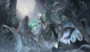 1girl bukachan clothes_grab commentary crescent crescent_hat_ornament dark-skinned_female dark_skin dress elbow_gloves english_commentary feathered_wings full_moon gem gloves green_hair hades_(series) hades_2 harness hat_ornament highres long_hair moon outdoors pegasus rearing riding selene_(hades) signature sitting_on_animal solo star_(sky) white_dress white_gemstone white_gloves wings yellow_eyes