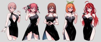 5girls black_dress blue_eyes blush bracelet breasts brown_hair cleavage collarbone dress go-toubun_no_hanayome grey_background hair_between_eyes hair_intakes hair_ornament hair_ribbon highres jewelry large_breasts legs long_hair multiple_girls nakano_ichika nakano_itsuki nakano_miku nakano_nino nakano_yotsuba orange_hair pink_hair profnote quintuplets red_hair ribbon short_hair siblings simple_background sisters