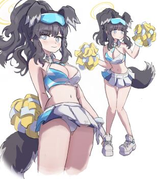 1girl absurdres animal_ears black_hair blue_archive blue_eyes blush breasts cheerleader closed_mouth commentary_request dog_ears dog_girl dog_tail full_body goggles goggles_on_head halo hibiki_(blue_archive) hibiki_(cheer_squad)_(blue_archive) highres holding holding_pom_poms long_hair millennium_cheerleader_outfit_(blue_archive) navel official_alternate_costume panties pantyshot pokanine pom_pom_(cheerleading) pom_poms shoes simple_background skirt solo tail underwear white_background white_panties white_shoes yellow_halo