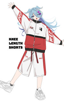 1girl anime_coloring aqua_eyes arm_up baggy_shorts black_socks blue_hair blue_nails blue_wings diamond-shaped_pupils diamond_(shape) elira_pendora english_text eyes_visible_through_hair feathered_wings full_body hair_ornament hair_over_one_eye hairclip head_wings highres jacket long_hair long_sleeves looking_at_viewer multicolored_jacket nijisanji nijisanji_en npppiyo open_mouth parallel_hairclips red_jacket red_shorts shoes shorts sleeves_past_wrists smile sneakers socks solo standing standing_on_one_leg symbol-shaped_pupils track_jacket two-tone_jacket two-tone_shorts v-shaped_eyebrows variant_set virtual_youtuber white_background white_jacket white_shoes white_shorts wings zipper zipper_pull_tab