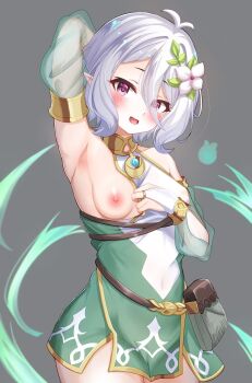 Rule 34 | 1girl, armpits, breasts, bridal gauntlets, craig (2980ct), dress, flower, hair flower, hair ornament, highres, kokkoro (princess connect!), nipples, one breast out, petticoat, pink eyes, pointy ears, presenting armpit, presenting breasts, princess connect!, short hair, slip showing, small breasts, solo, white hair