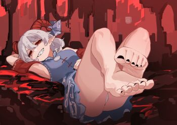 1girl :d absurdres armpits bare_legs barefoot black_nails breasts commentary dutch_angle earrings feet foot_focus ghast goat_horns grey_hair grin highres horizontal_pupils horns jager jewelry legs legs_up medium_breasts minecraft nail_polish open_mouth red_eyes sharp_teeth single_earring smile soles solo steve_(minecraft) symbol-only_commentary teeth toenail_polish toenails toes touhou toutetsu_yuuma