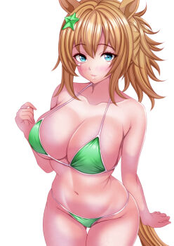 1girl absurdres animal_ears bikini blue_eyes breasts brown_hair collarbone commentary_request green_bikini hagesan3345 hair_ornament highres horse_ears horse_girl horse_tail large_breasts looking_at_viewer navel solo star_(symbol) star_hair_ornament swimsuit taiki_shuttle_(umamusume) tail umamusume