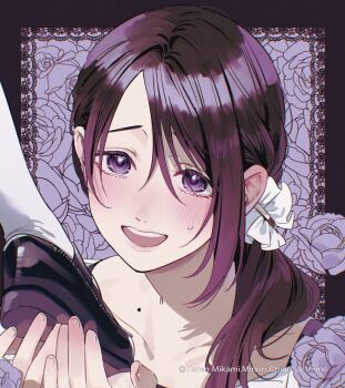 2girls absurdres black_shoes blush chigusa_minori collarbone egawa_miyako girls_x_vampire hair_ornament hair_scrunchie highres long_hair looking_at_viewer multiple_girls open_mouth purple_eyes purple_hair ribbon scrunchie second-party_source shoes side_ponytail smile sweatdrop